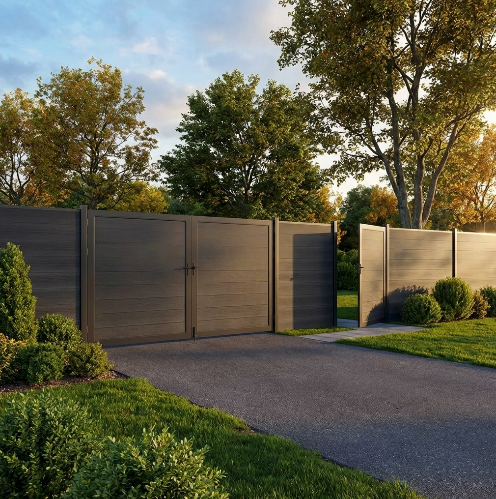 Black Composite fence single gate and a double gate in a driwave