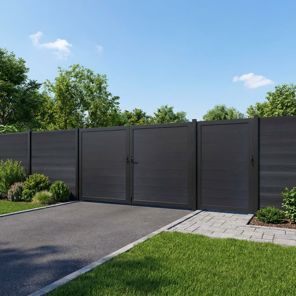 Black Composite fence single gate and a double gate in backyard