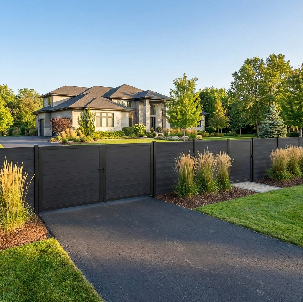 Black Composite fence single gate and a double gate in backyard driwave