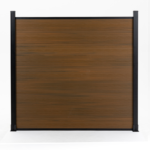 Brown composite fence with walnut wood grain pattern, supported by black metal posts, available at wholesale prices in New
