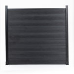 Black co-extruded WPC composite fence panel with wood-grain texture and side posts.