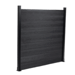 Black composite fence with wood grain texture, horizontal planks, and sturdy black posts, available at discounted prices in