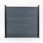 Dark gray composite fence with wood grain texture, horizontal planks, and black metal posts, available in NJ