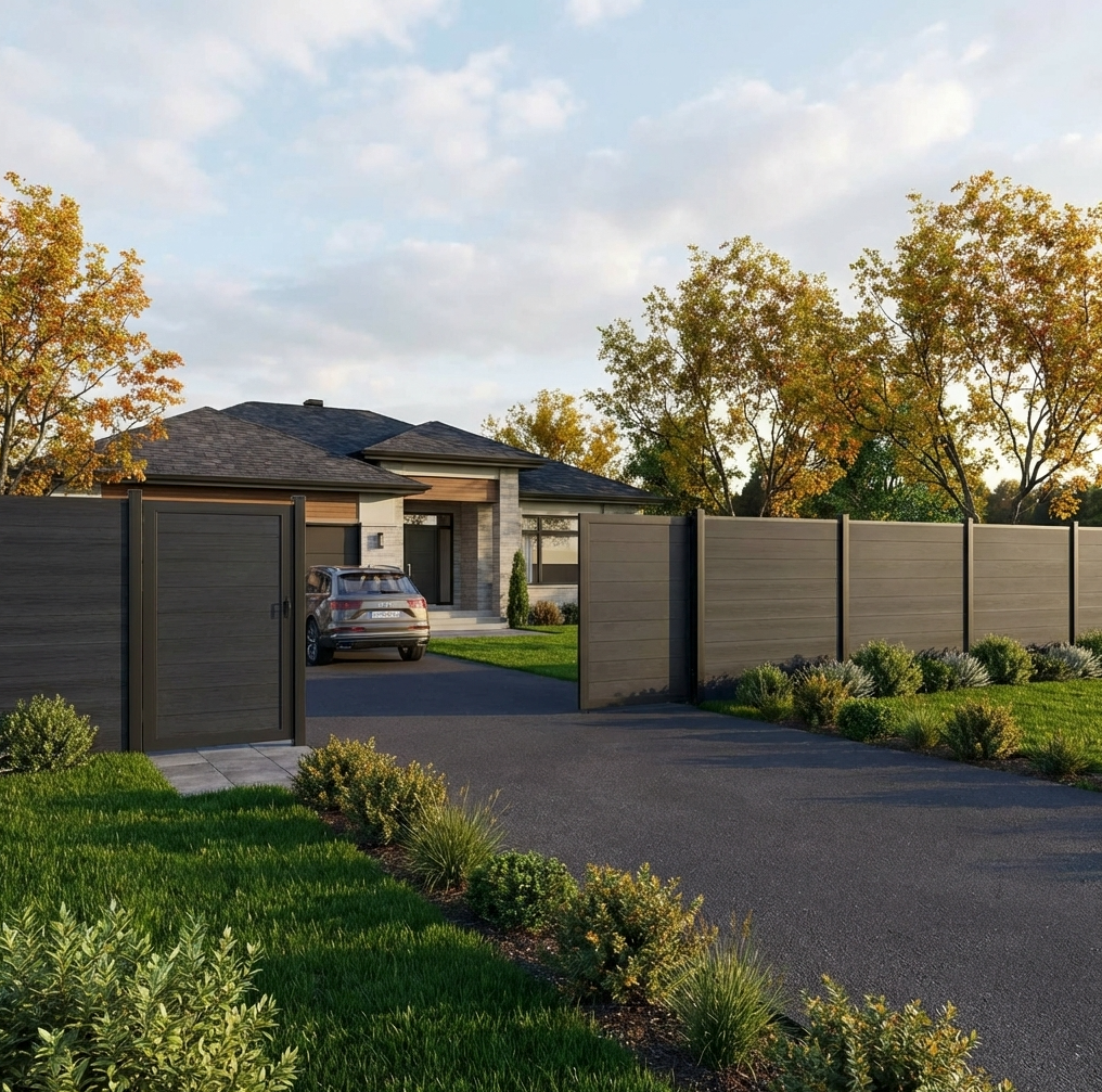 Modern house with Black Composite fence single gate and a double gate in backyard driwave