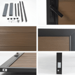 Stylish black metal frame WPC fence gate with brown wood panel and sleek black handle, durable and modern design in NJ.