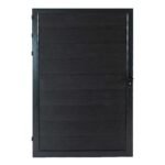 Black WPC fence gate with horizontal wood planks, metal frame, and secure lock, ideal for NJ homes, durable and stylish