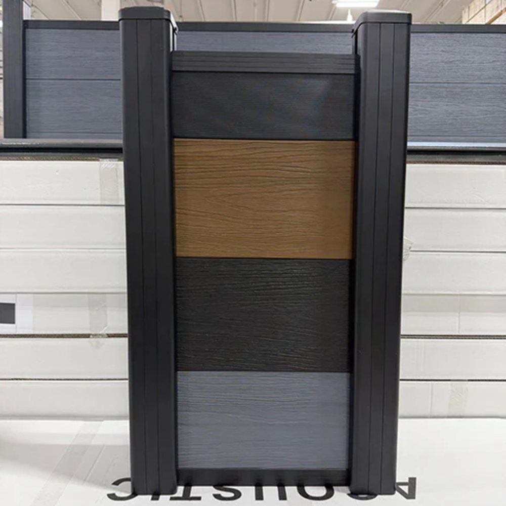 Composite Fence Panel with Aluminum Insert - Walnut, Light Gray, Black & Aluminum - Sample
