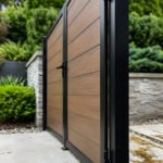 Walnut composite panel gate for fence 10 ft wide 6 ft height modern garden entrance