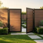 Modern walnut composite fence gate 10 ft x 6 ft waterproof and long lasting design