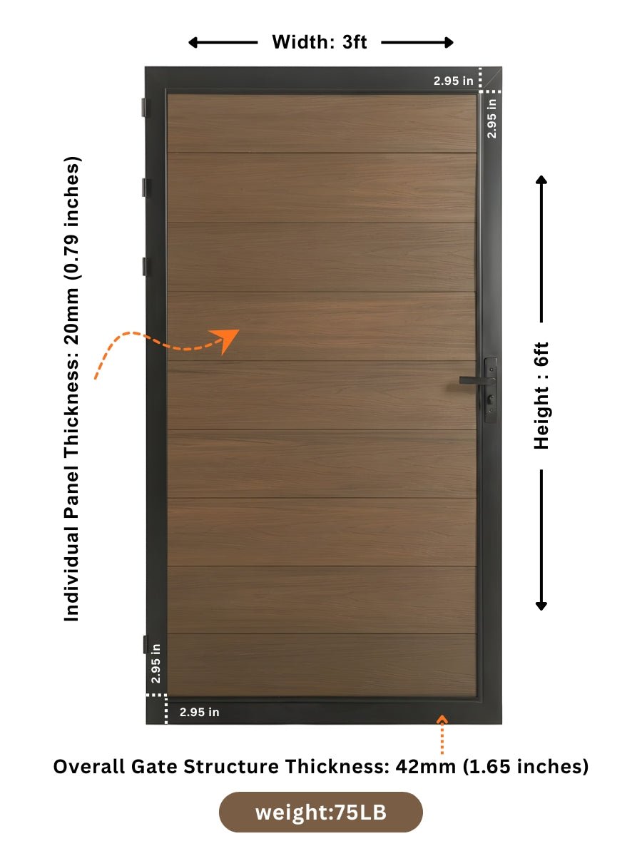 Single WPC fence gate in walnut color 3x6 ft durable composite garden gate
