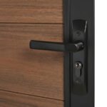 Walnut WPC composite fence gate installed in backyard privacy fence